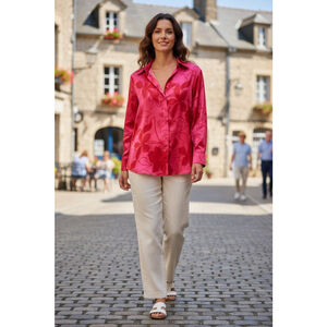 Size L HAVER London Pink & Red Floral Satin Button Down Shirt Blouse Top